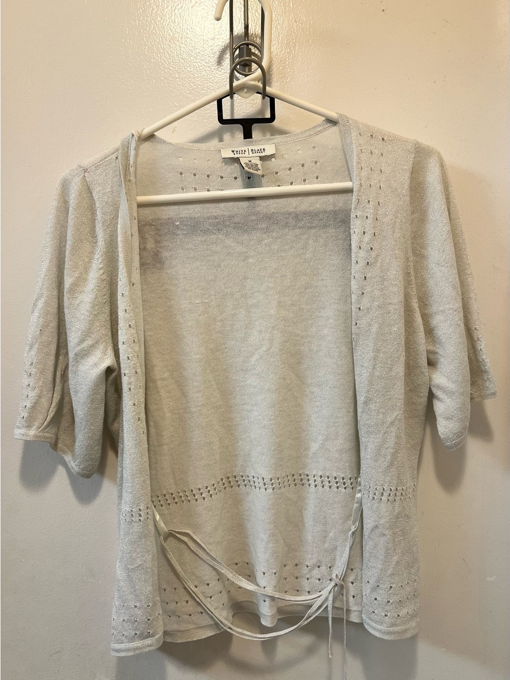 White House Black Market Cream Short-Sleeve Open-Knit Tie-Front Cardigan